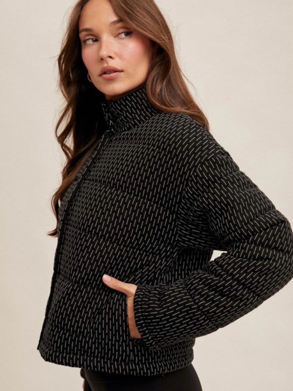Quilted Black Patterned Puffer Jacket - Picture 4 of 5